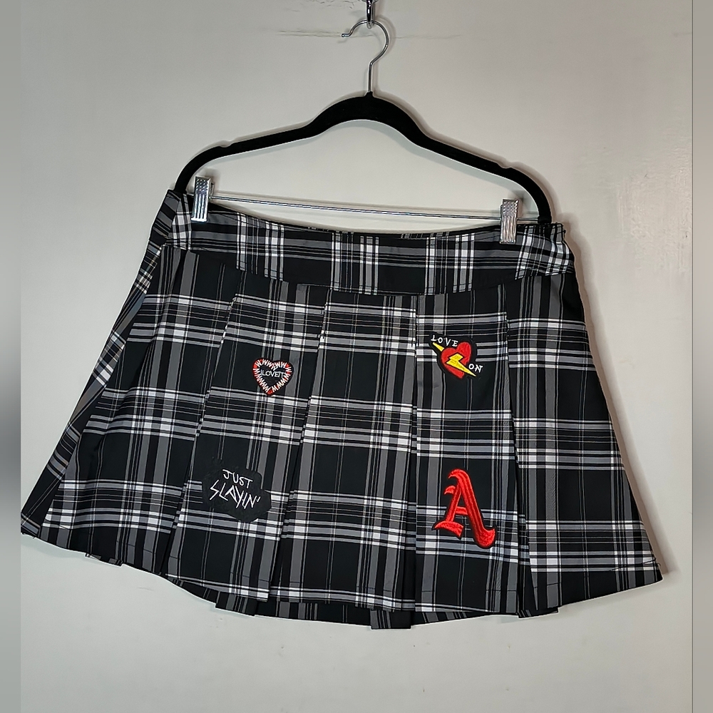 Plaid Black Skirt with Embroidered Patches